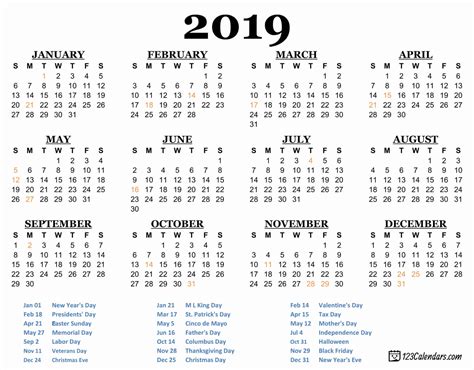 Calendar 2019