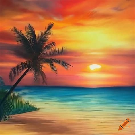 Hyper Realistic Drawing Of A Tropical Beach Landscape With Palm Trees Hyper Realistic Drawing Of A Tropical Beach Landscape With Palm Trees
